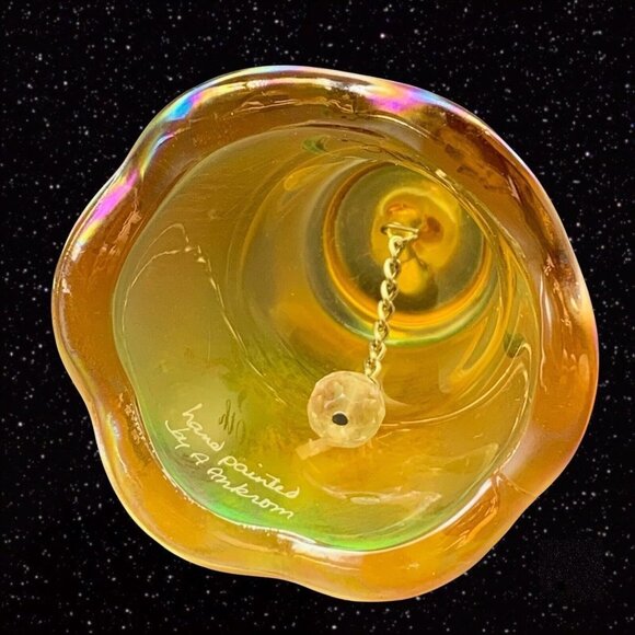 FENTON Glass Hand Painted 50TH ANNIVERSARY IRIDESCENT YELLOW Bell Signed 4”T 2”W - Picture 5 of 5